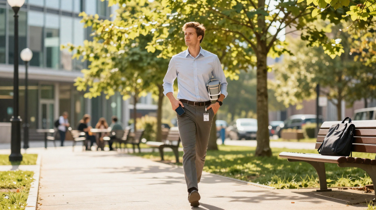 Jovem homem de camisa azul caminhando em parque urbano com árvores e bancos ao redor durante o dia.