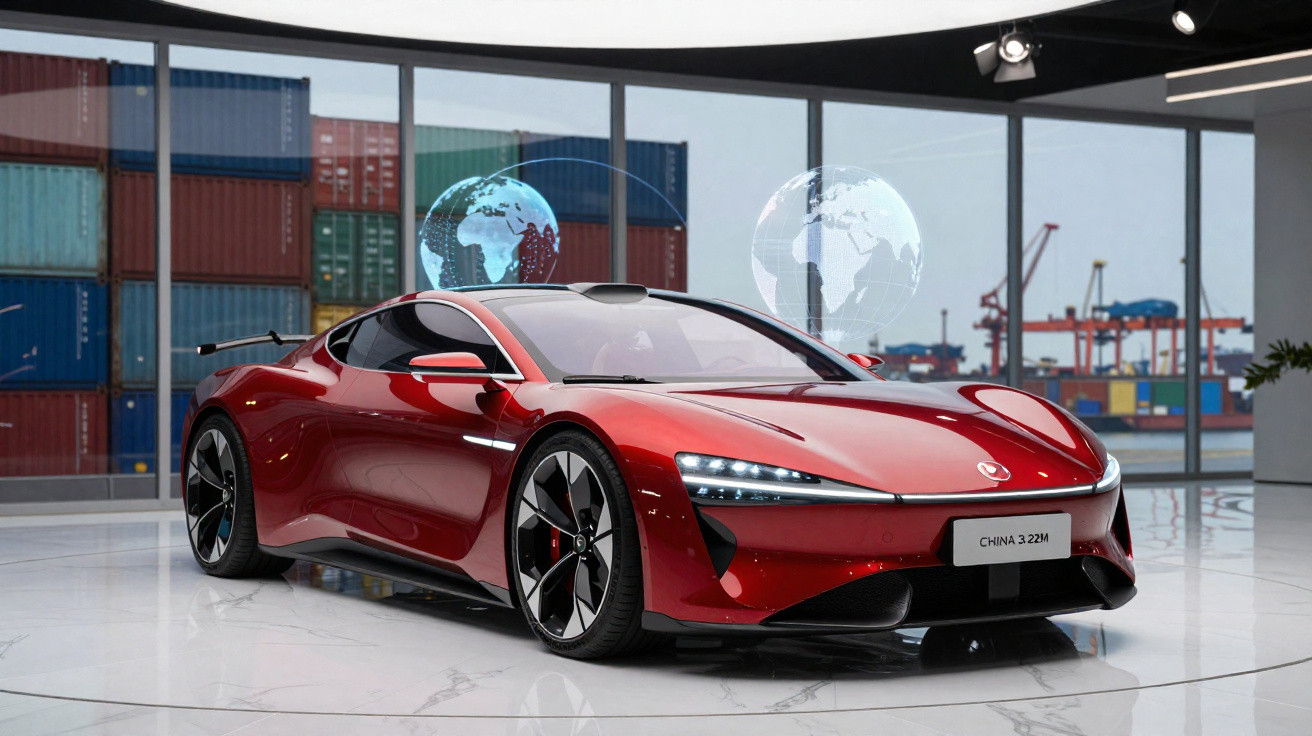 Carro esportivo elétrico vermelho em exposição com containers e hologramas de globos terrestres ao fundo.