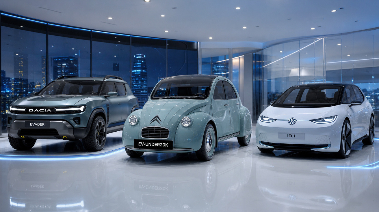 Três carros elétricos modernos e um retrô expostos em showroom com vista noturna da cidade pela janela.