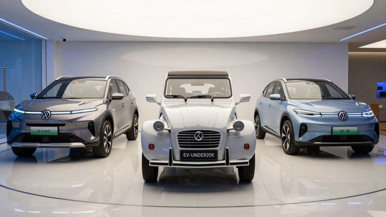 Três carros elétricos exibidos em showroom moderno, com o centro um modelo clássico branco e dois SUVs modernos.