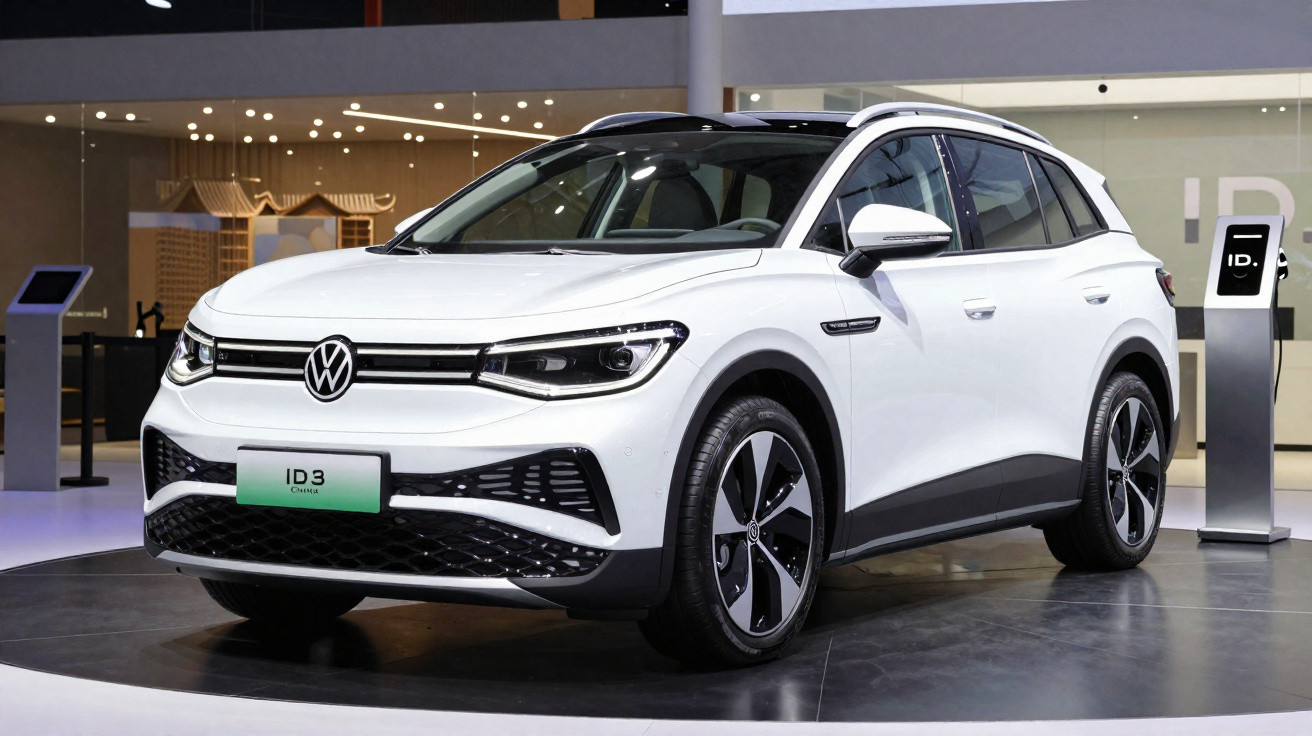 Carro elétrico Volkswagen ID.3 branco em exposição dentro de salão moderno.