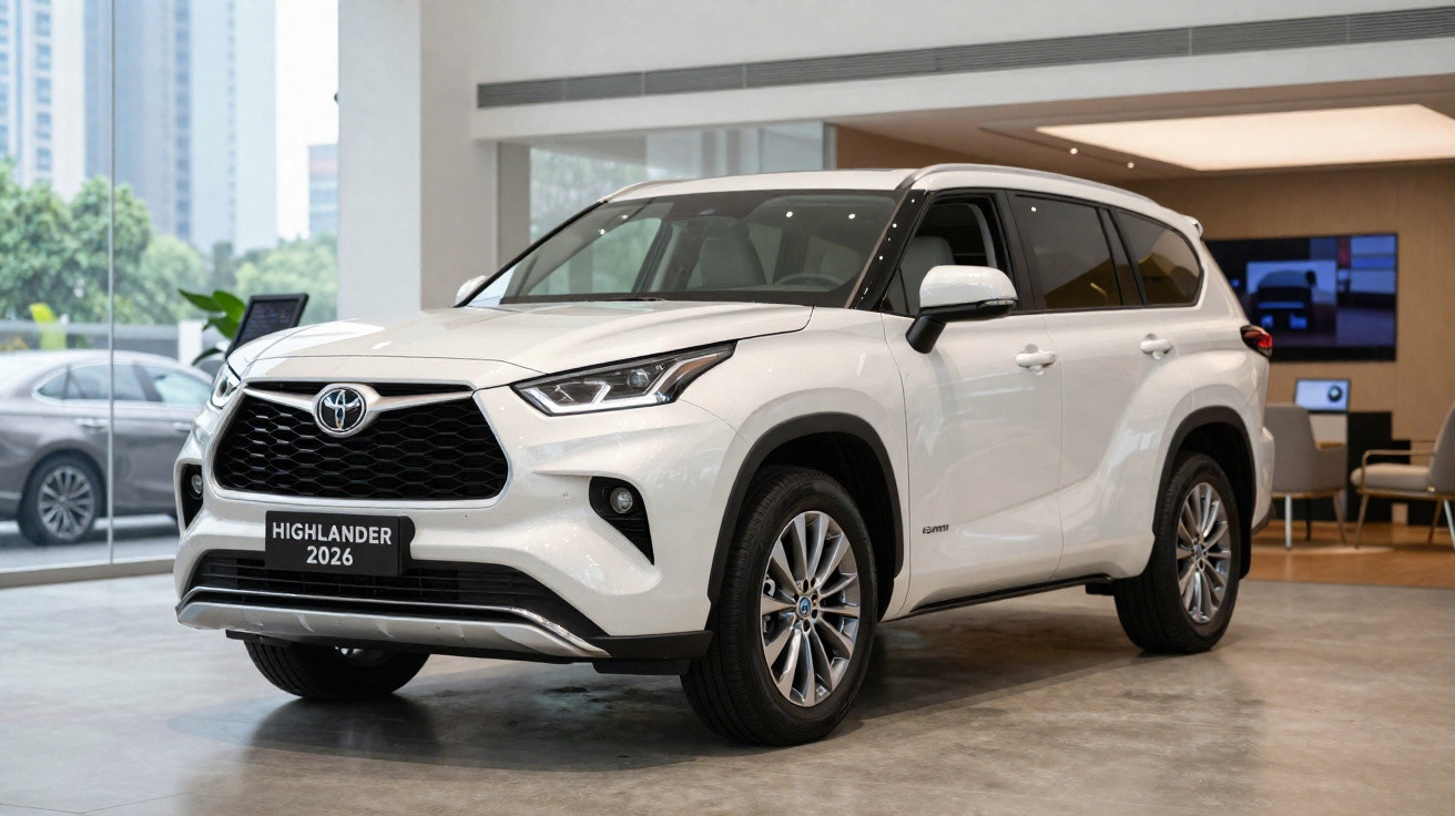 Toyota Highlander 2026 branco exibido em ambiente interno com piso cinza e vidro ao fundo.