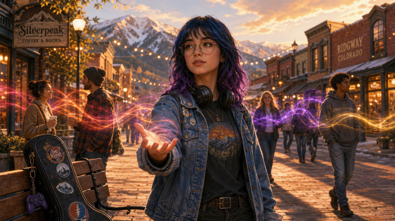 Jovem com cabelo roxo e jaqueta jeans em rua iluminada, controle energia colorida com a mão estendida.