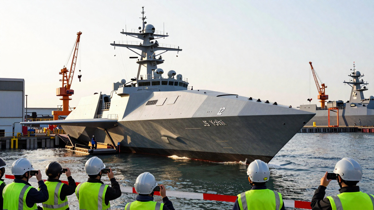 Navio militar cinza atracado no porto com grupo de pessoas de colete e capacete observando e fotografando.