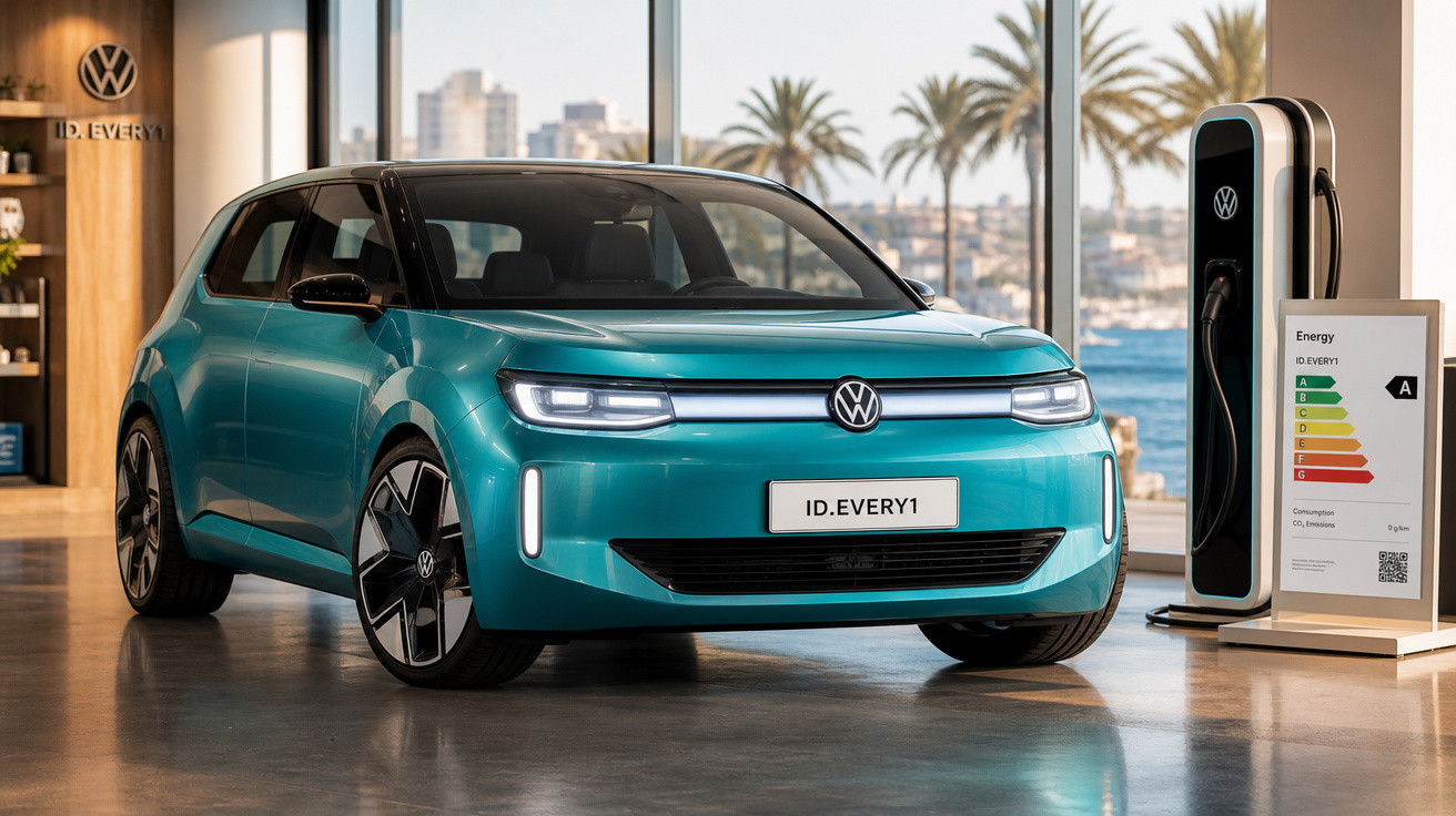 Carro elétrico Volkswagen ID. Every1 azul em showroom moderno com estação de carregamento ao lado.