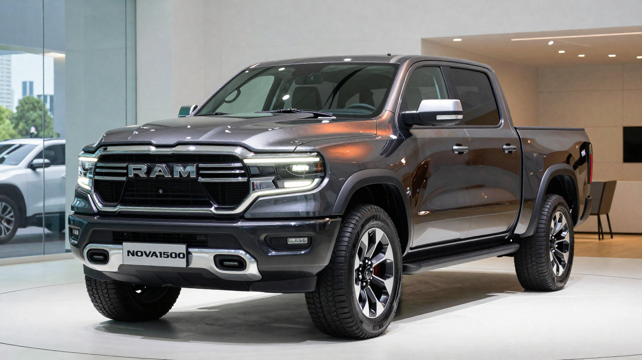 Picape preta Ram Nova 1500 exibida em salão de automóveis moderno.