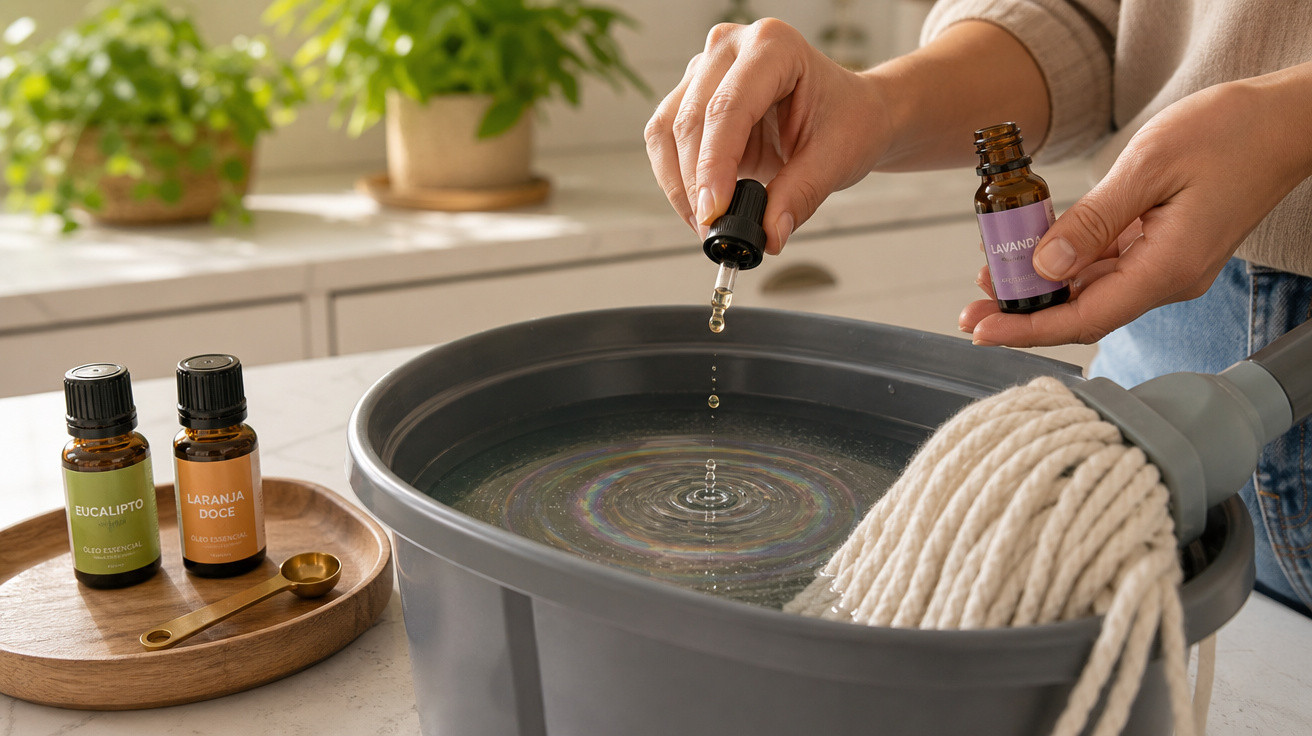 Mãos pingando óleo essencial de lavanda em balde com água e esfregão, ao lado de frascos de eucalipto e laranja doce.