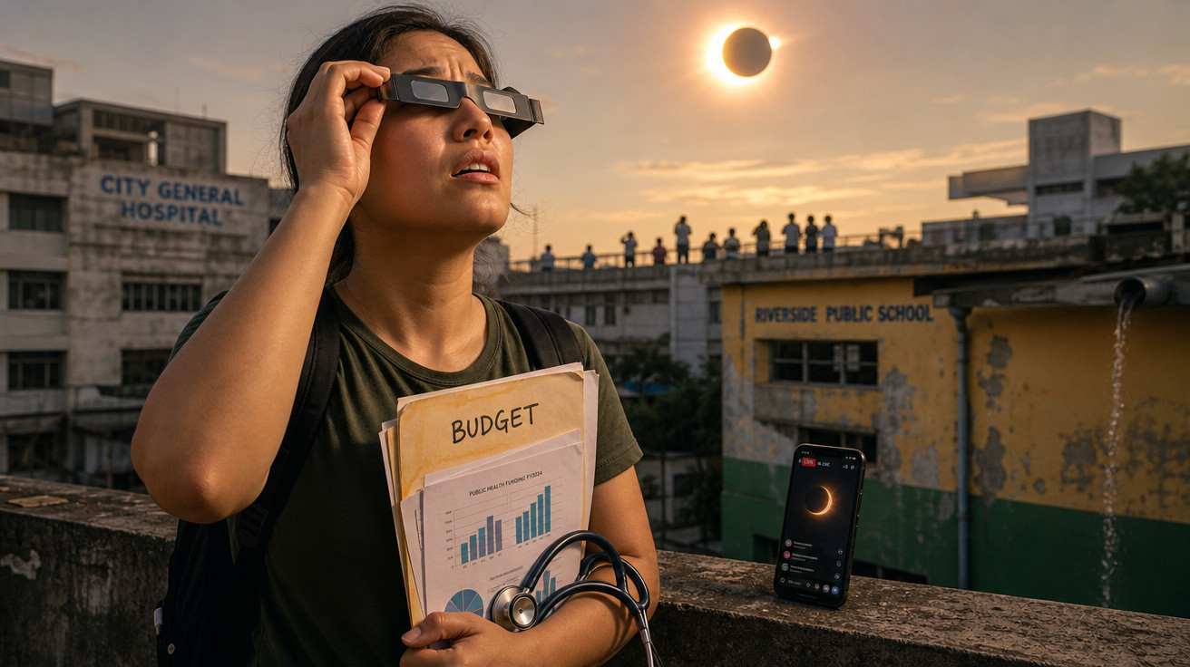Mulher com óculos especiais observa eclipse solar segurando pastas e estetoscópio em área urbana.