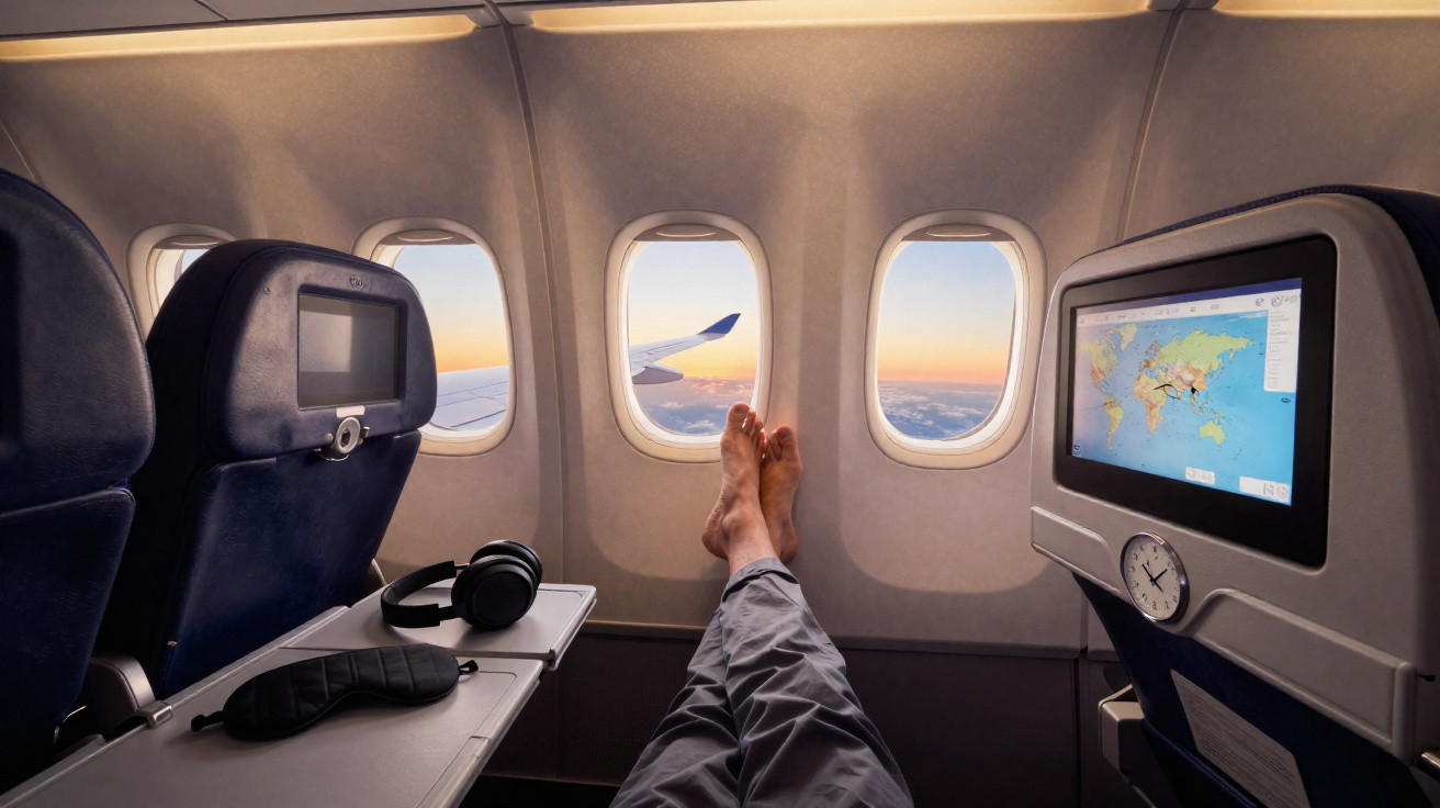 Interior de avião com passageiro descansando com pés na janela e tela mostrando mapa de voo.