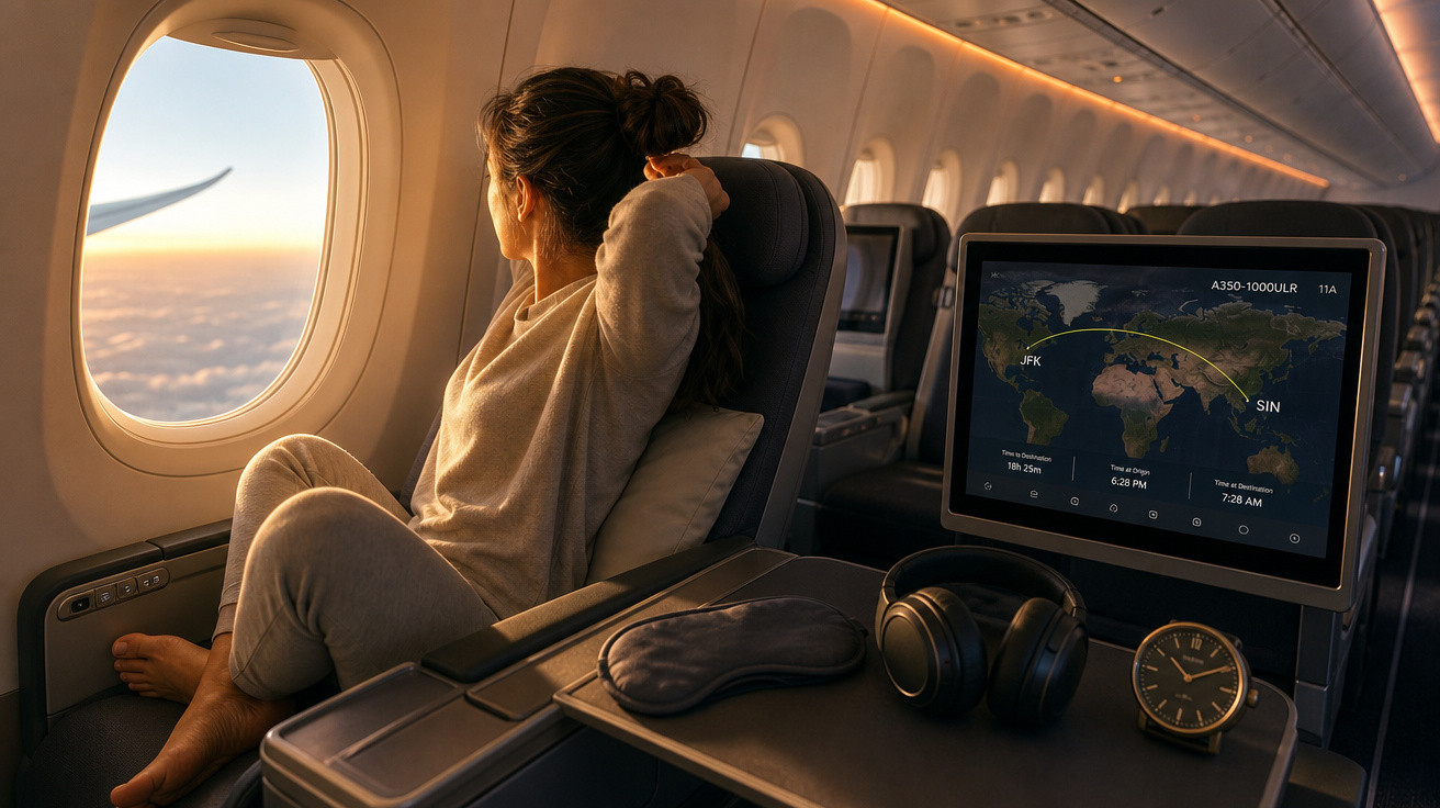 Mulher sentada em poltrona de avião olhando pela janela durante o pôr do sol, com fones e máscara na mesa.