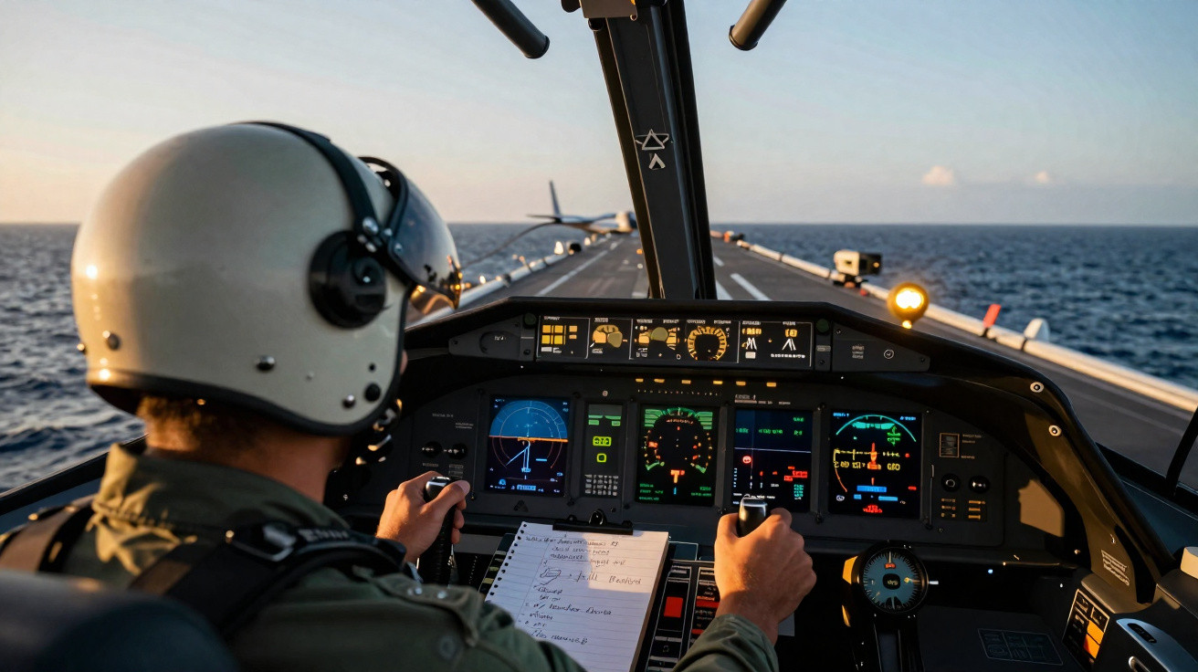 Piloto com capacete voando helicóptero sobre o convés de um porta-aviões no mar ao entardecer.