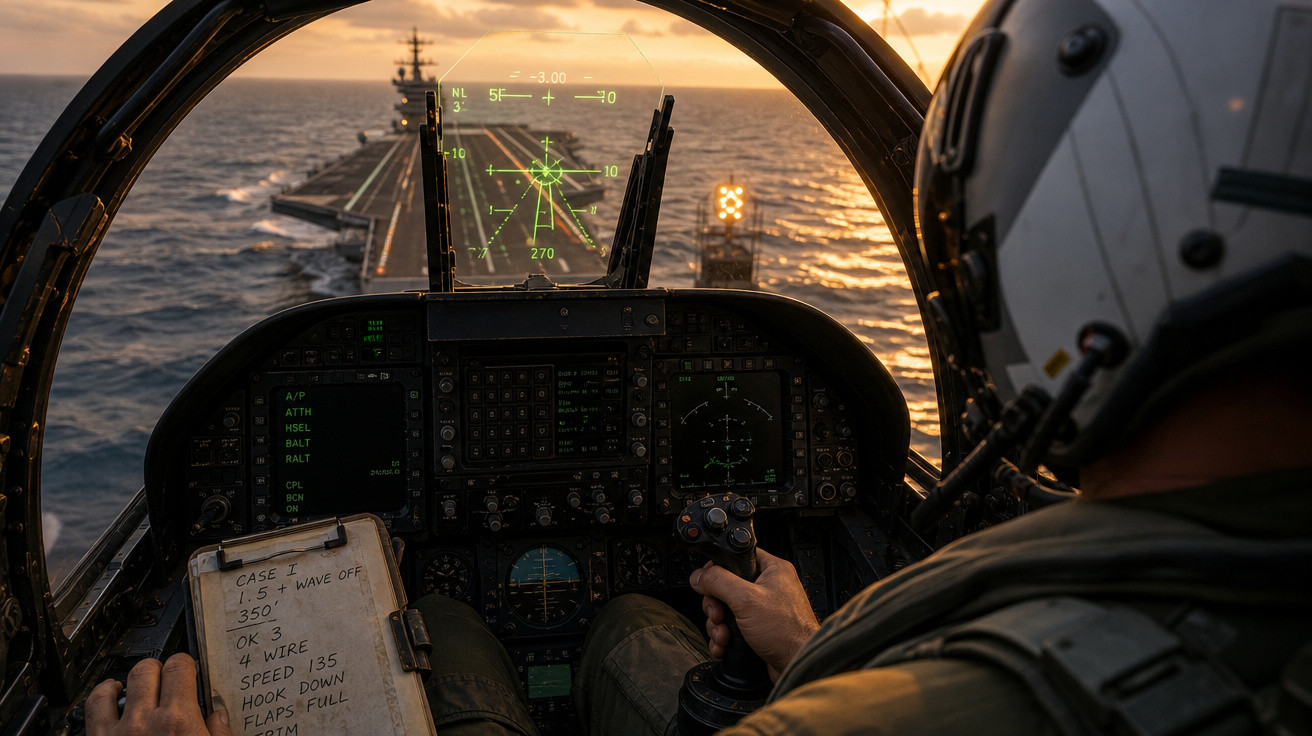 Vista do cockpit de um avião militar com piloto manobrando próximo a um porta-aviões ao pôr do sol.