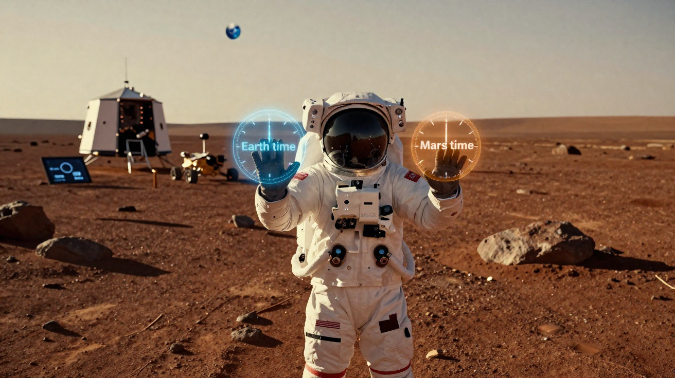 Astronauta em traje completo na superfície de Marte exibindo projeções holográficas de tempo da Terra e Marte.