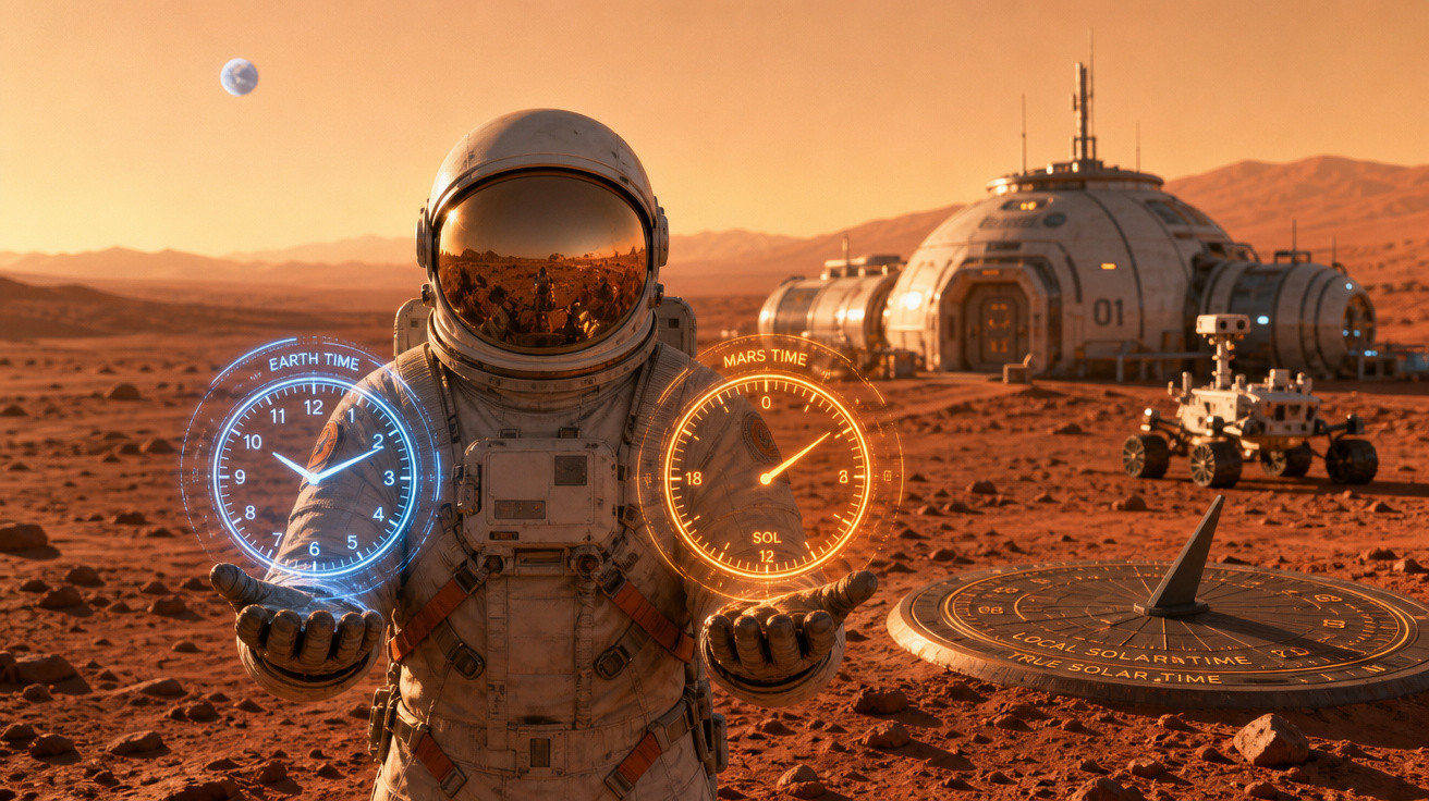 Astronauta em Marte segurando relógios holográficos do tempo da Terra e de Marte, com base e rover ao fundo.