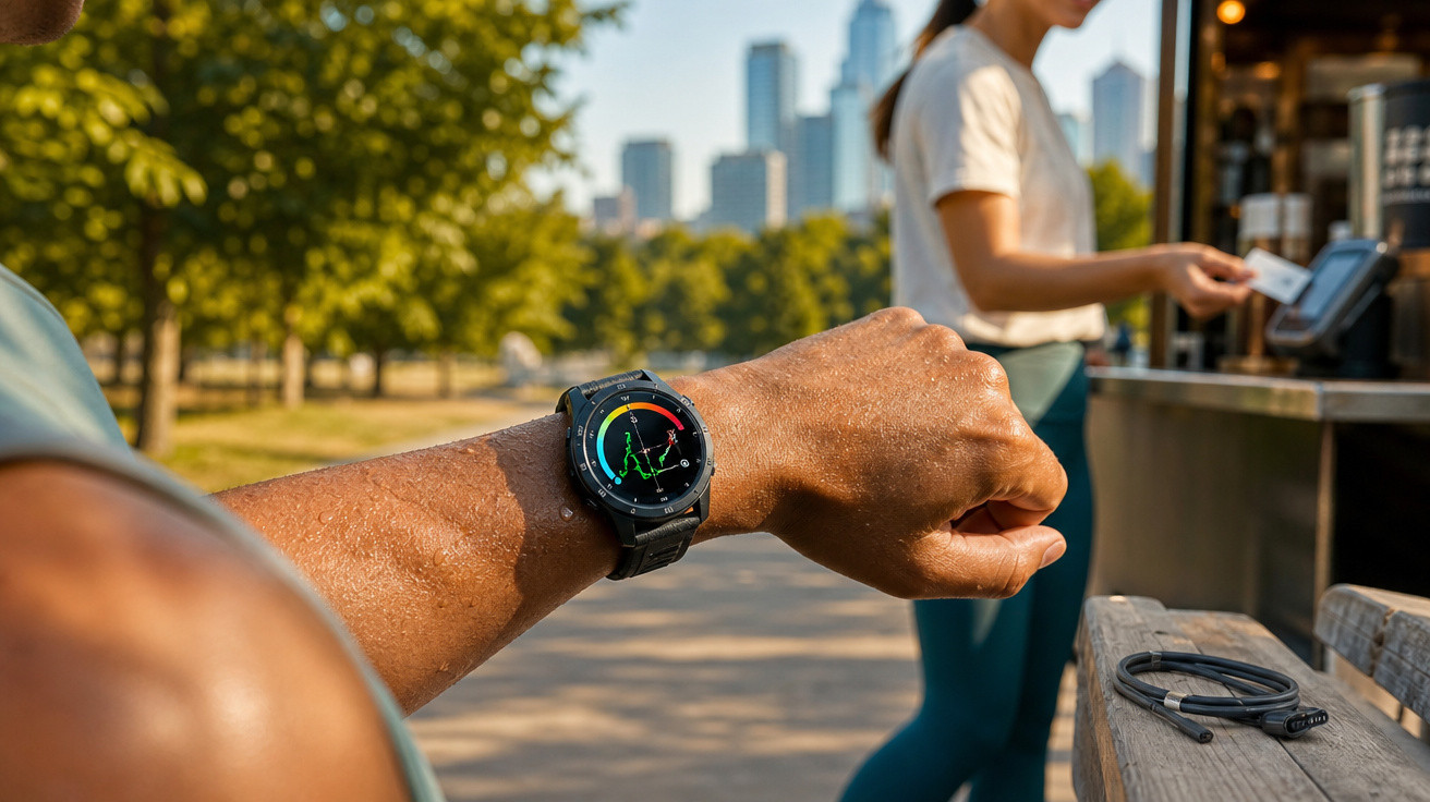 Pessoa com smartwatch esportivo mostrando dados de atividade enquanto realiza pagamento com cartão.