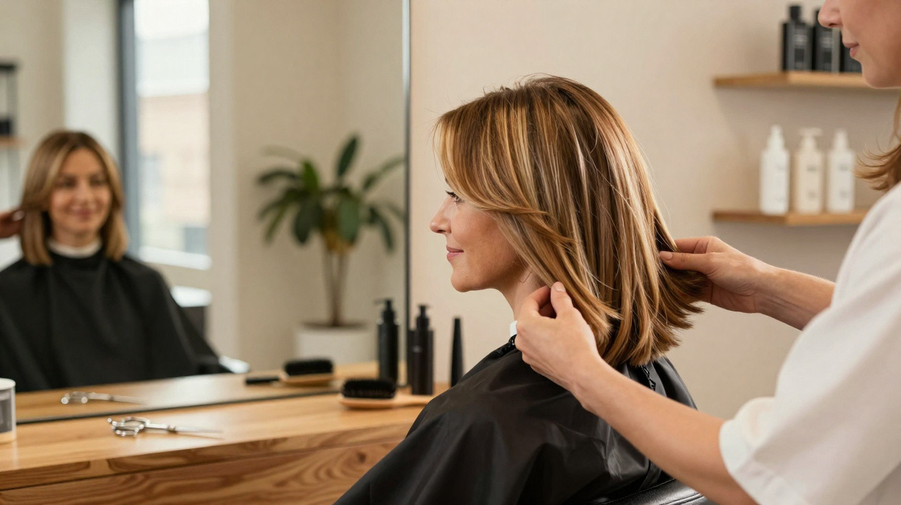 Mulher loira recebendo corte de cabelo em salão, olhando no espelho com cabeleireira ajustando o cabelo.