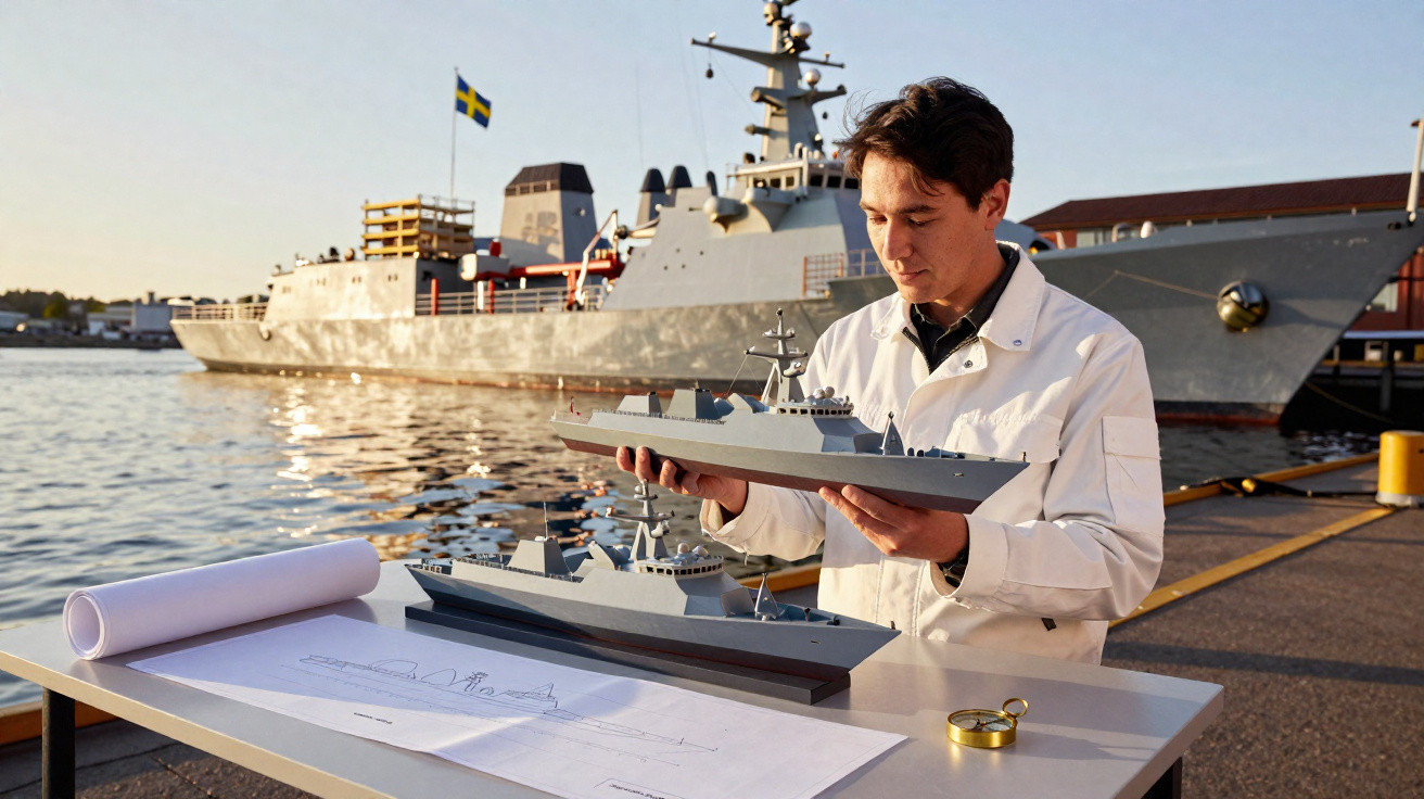 Homem com jaleco branco segurando maquete de navio ao ar livre, com navio real ao fundo.