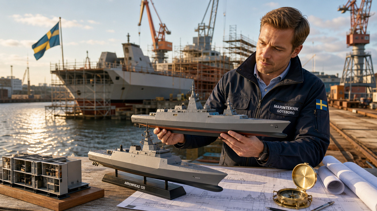 Homem segurando maquete de navio militar em estaleiro, com plantas, bússola e outra maquete na mesa.