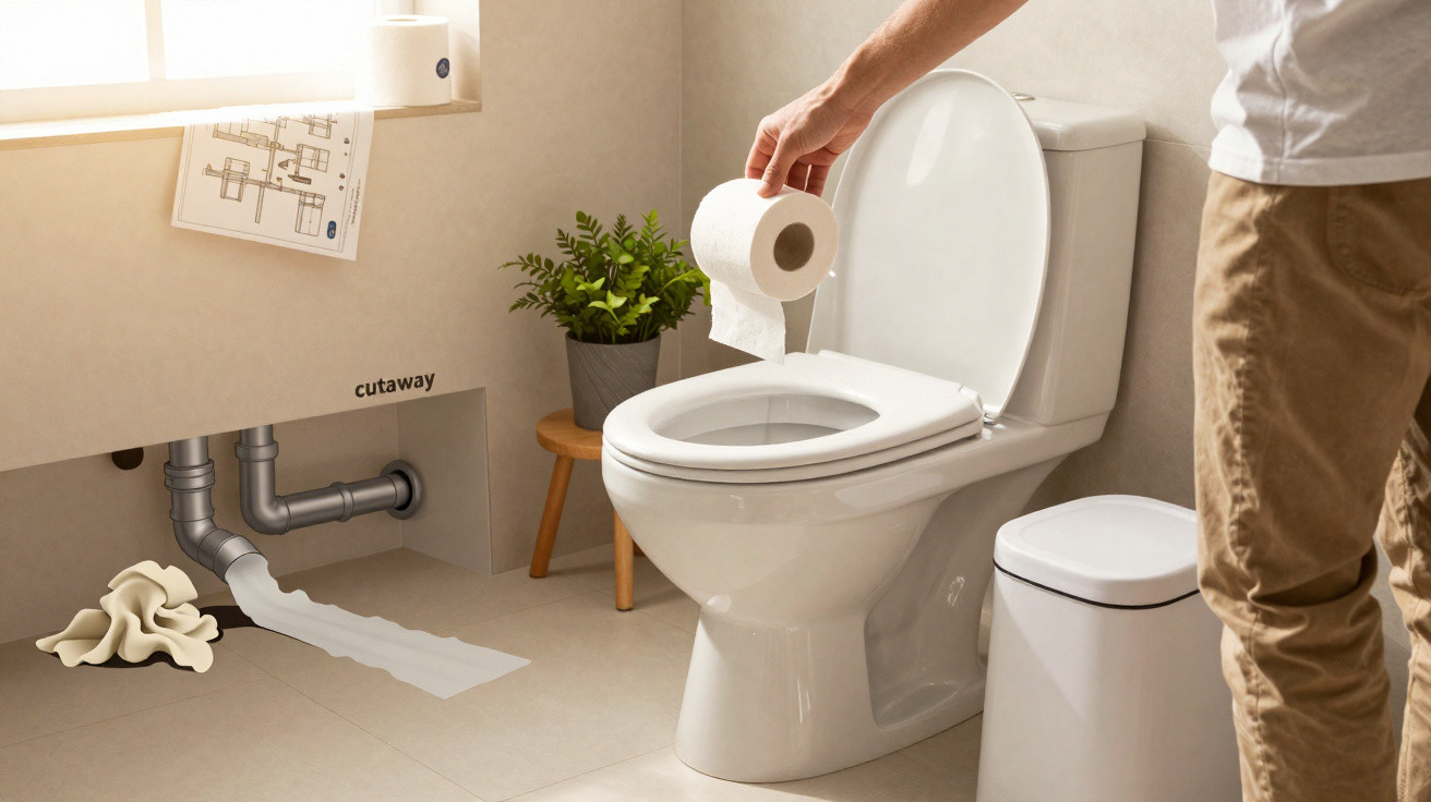 Pessoa segurando papel higiênico próximo a vaso sanitário, com encanamento e vazamento visíveis na parede.