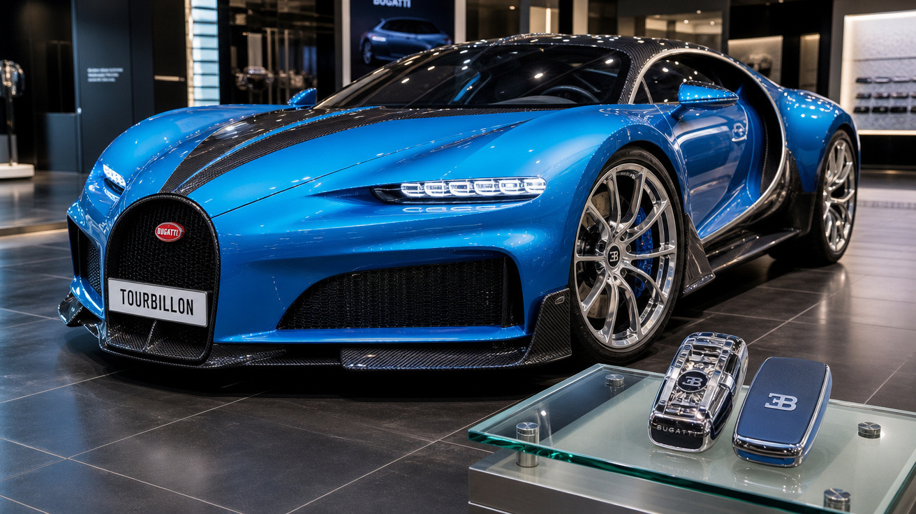 Carro esportivo Bugatti Tourbillon azul exibido em showroom com chave estilizada sobre mesa de vidro.