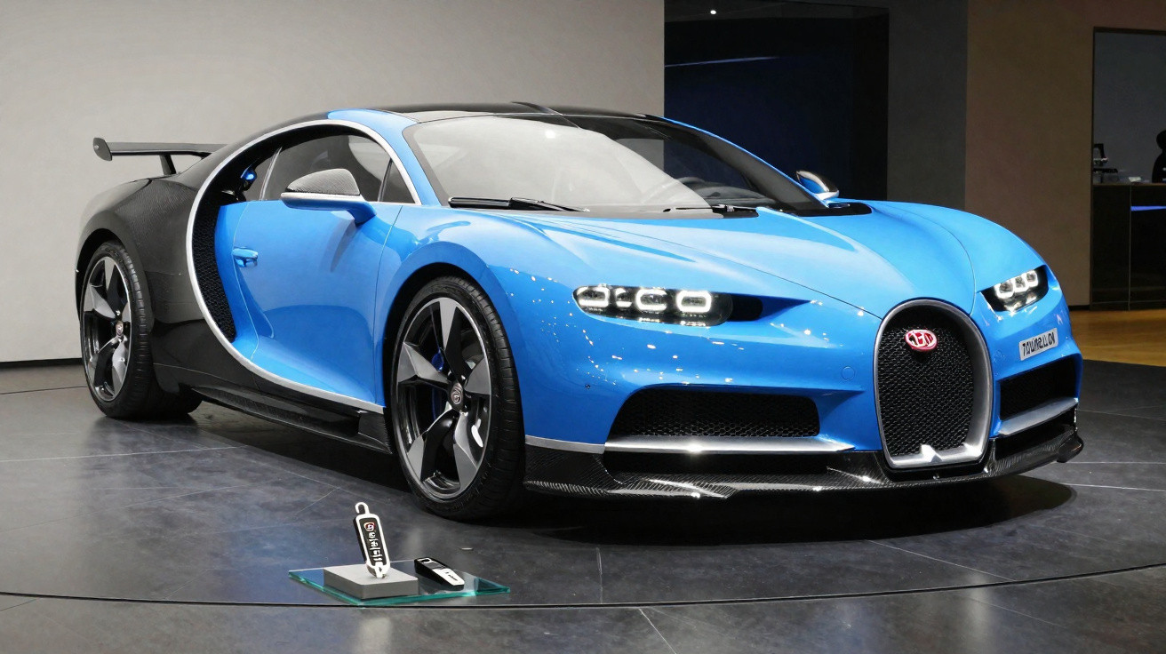 Carro esportivo azul e preto exposto em salão com design aerodinâmico e rodas largas.