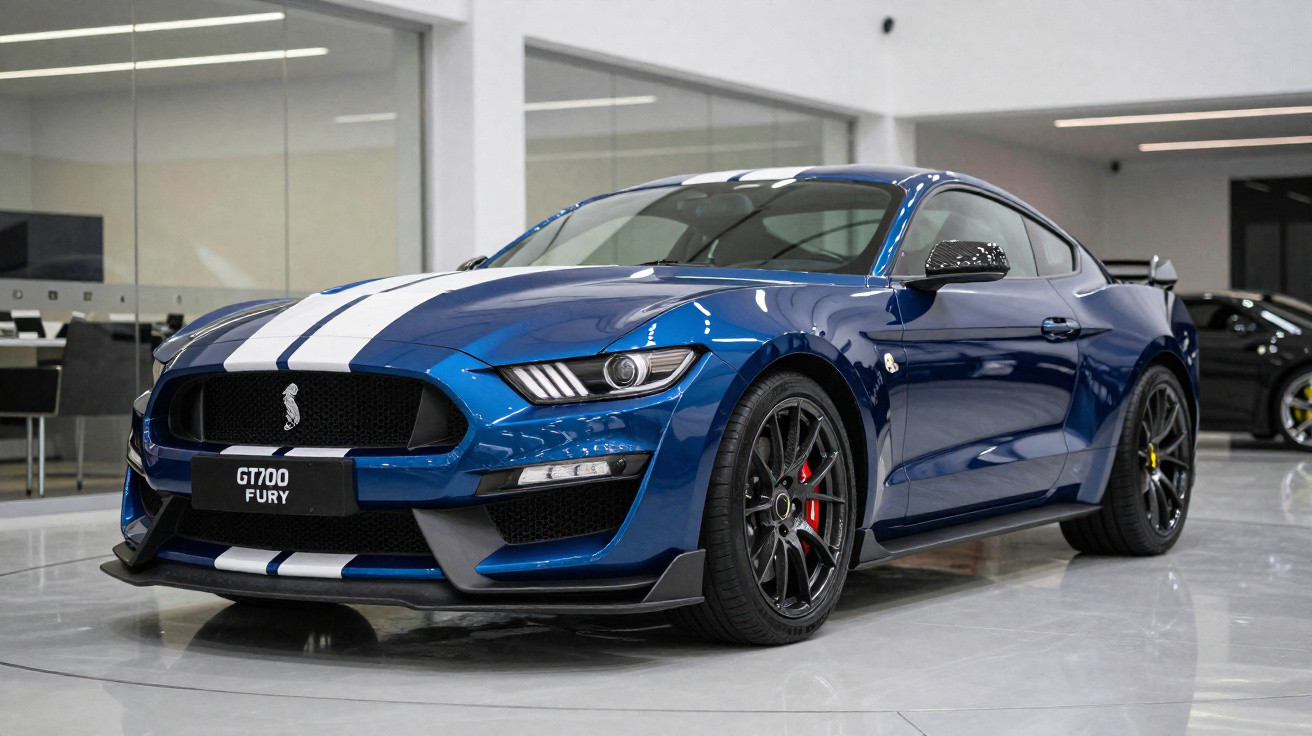 Carro esportivo azul GT700 Fury com faixas brancas em showroom moderno e iluminado.