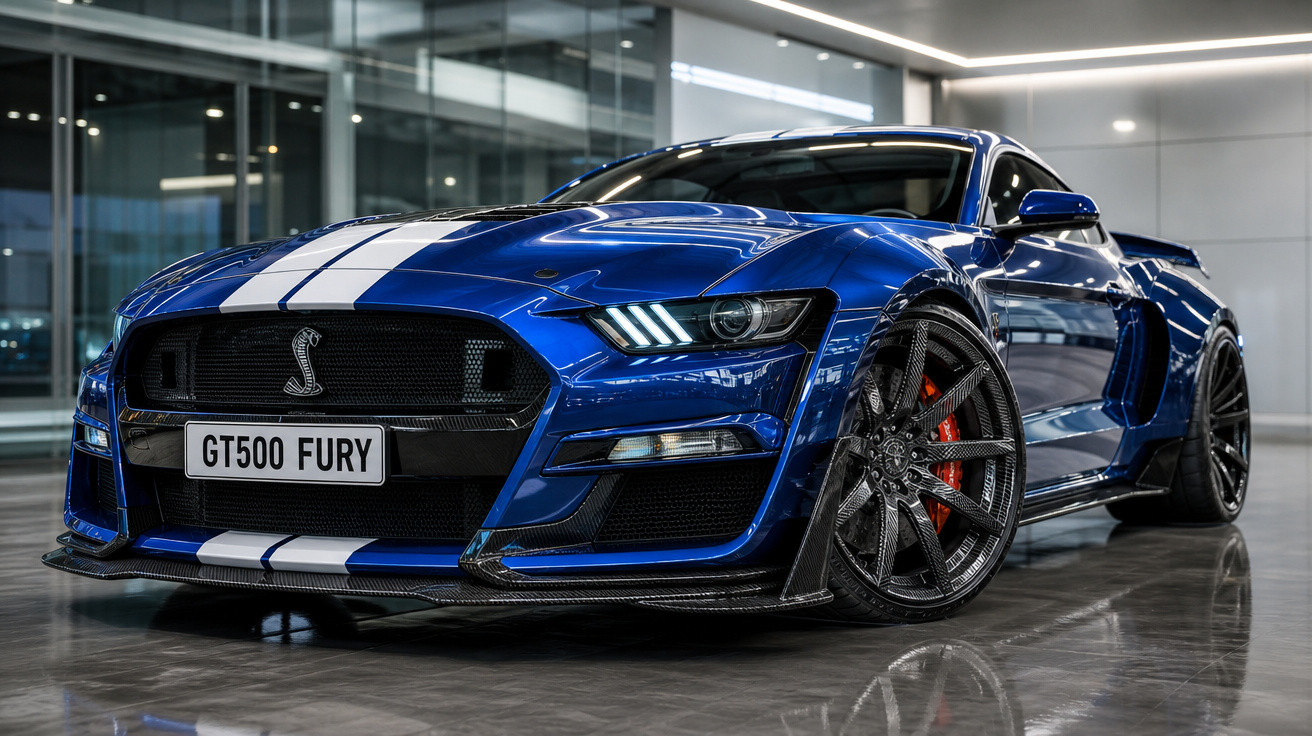 Carro esportivo azul Ford Mustang GT500 Fury com faixa branca, rodas pretas e freios vermelhos em garagem moderna.