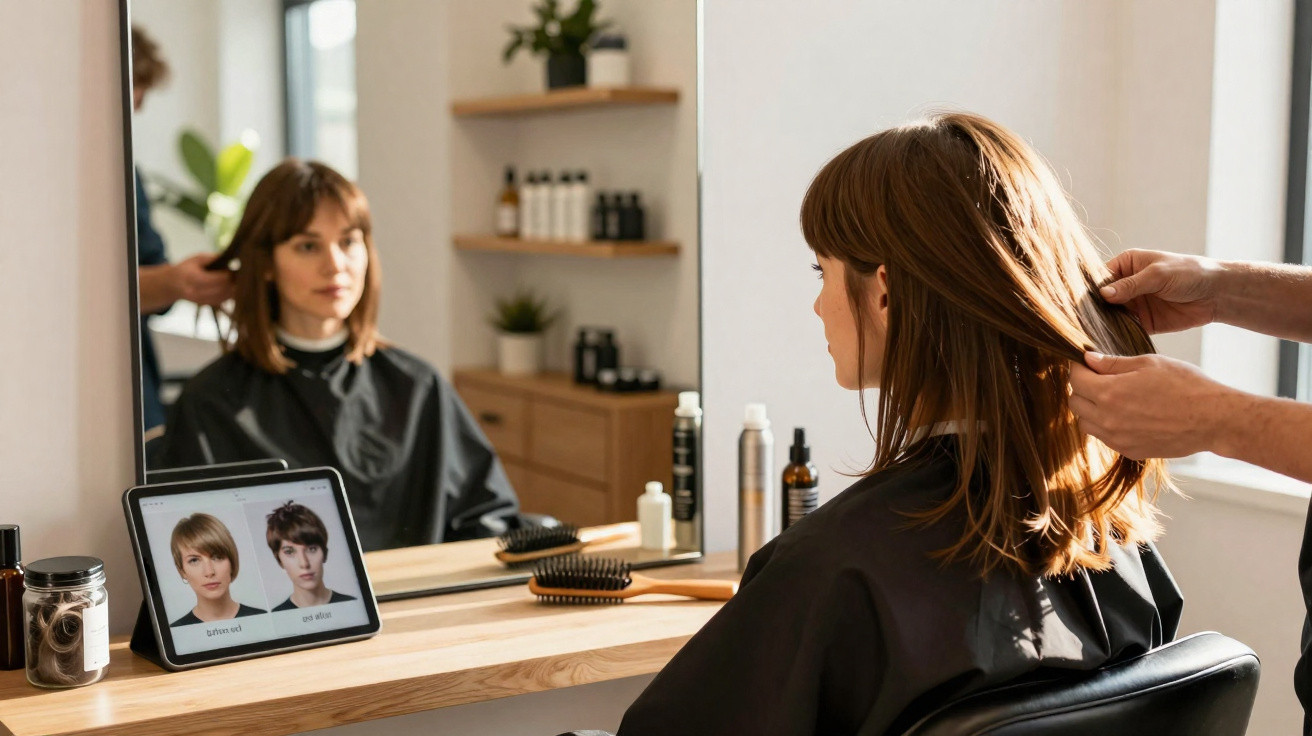 Mulher sentada em salão de beleza consultando estilos de cabelo em tablet enquanto cabeleireiro arruma seus cabelos.