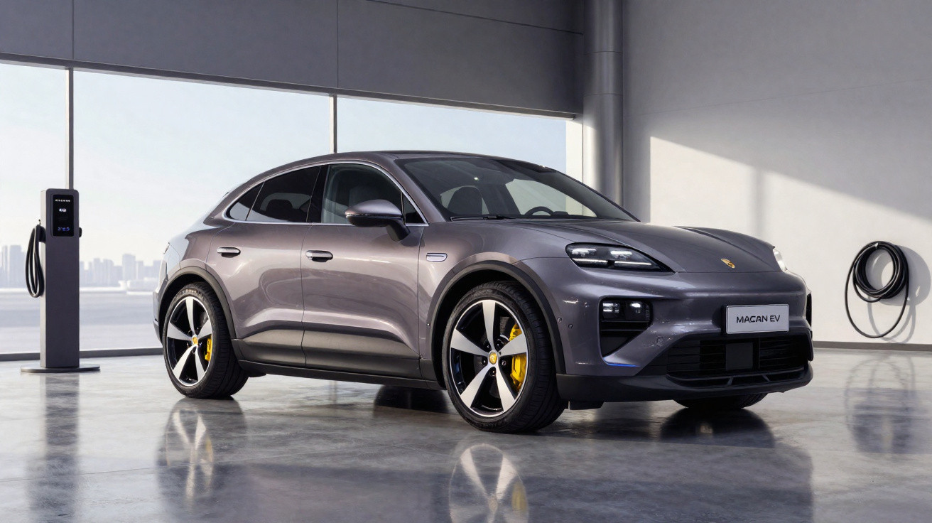Carro elétrico Porsche Macan EV cinza estacionado ao lado de carregador em ambiente moderno e iluminado.