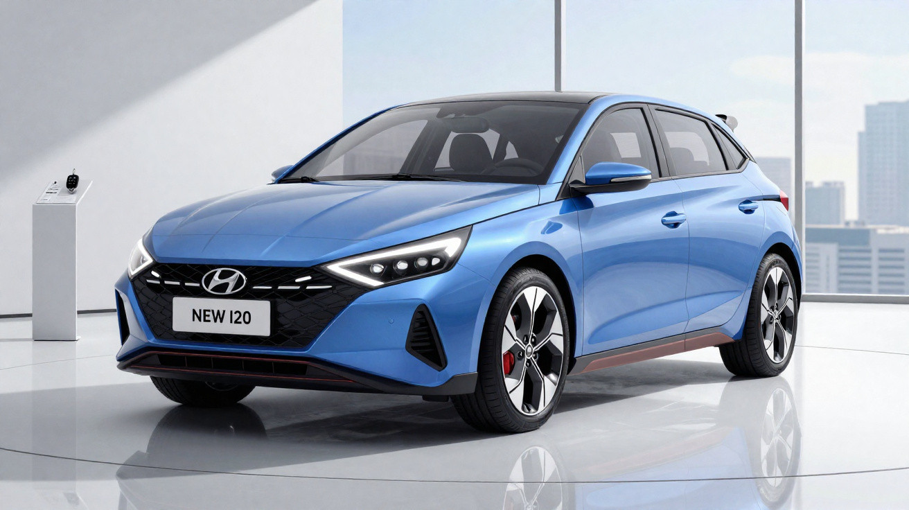 Carro hatchback azul Hyundai New i20 em ambiente interno moderno com janela panorâmica.