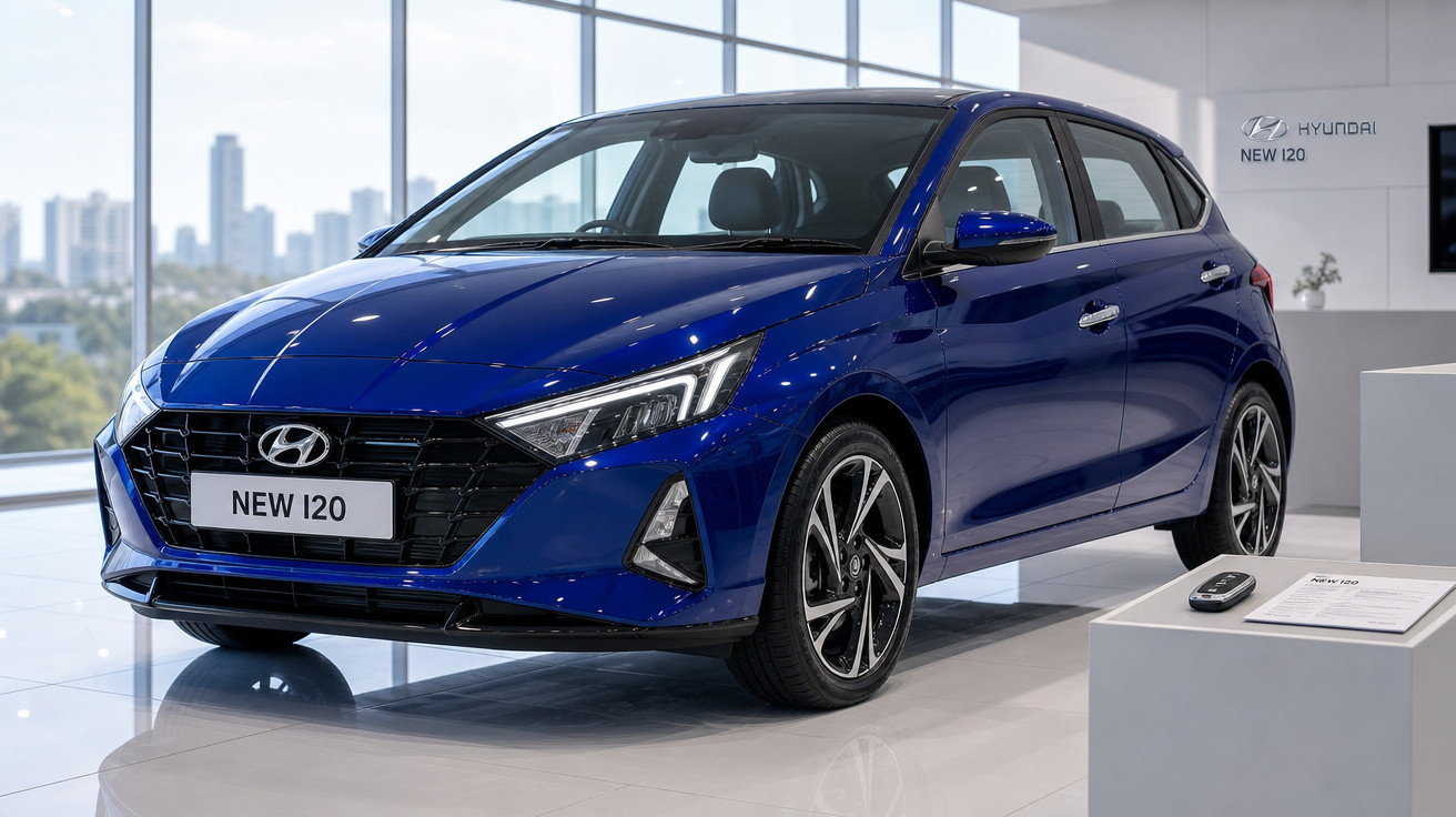 Carro Hyundai New i20 azul exposto em showroom com painel de vidro e arranha-céus ao fundo.