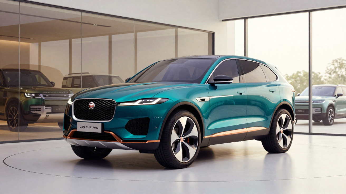 Carro SUV elétrico Jaguar J-PACE verde em exposição em showroom moderno com teto de vidro.