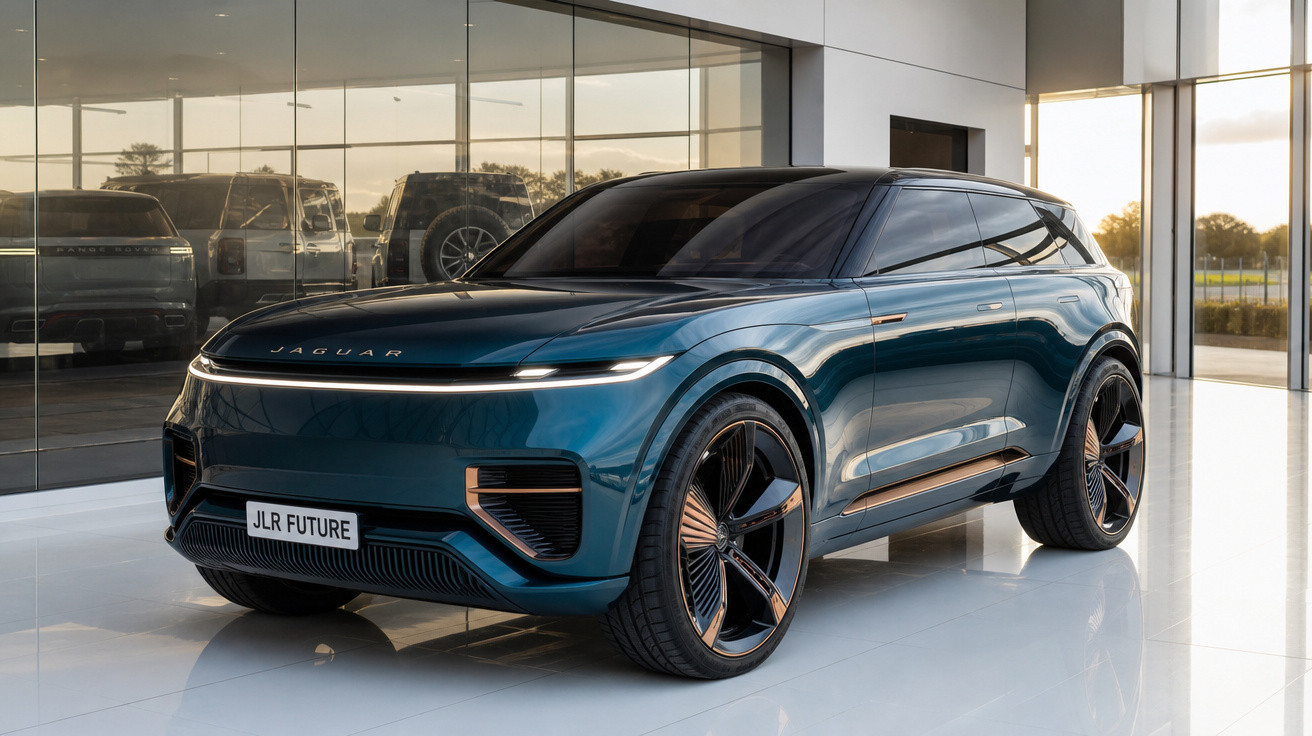 SUV elétrico Jaguar JLR Future azul metálico com design moderno em showroom iluminado.