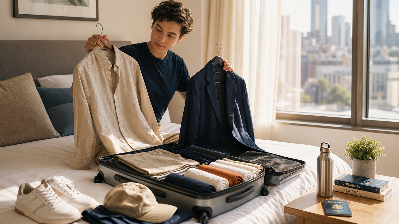 Homem sentado na cama decide que roupas levar enquanto arruma mala para viagem em quarto iluminado.