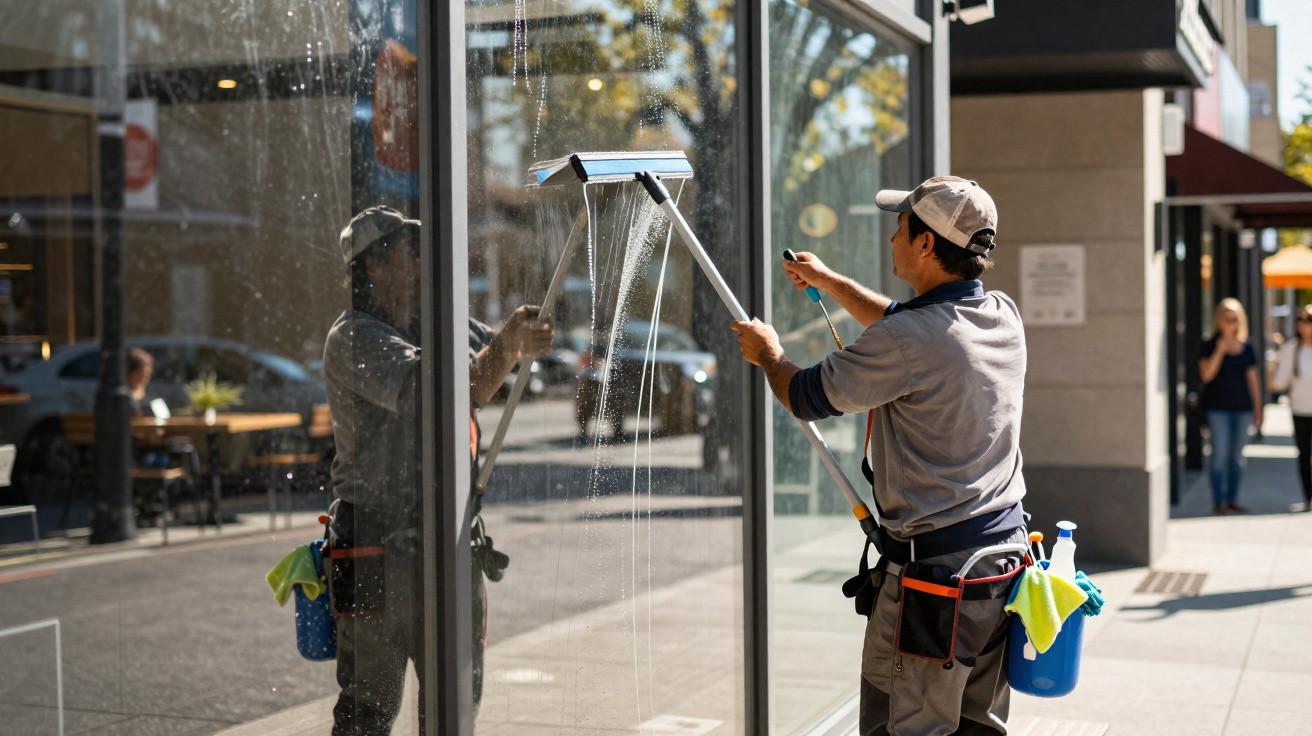 Homem limpando a janela de vidro externa de um prédio comercial em dia ensolarado.