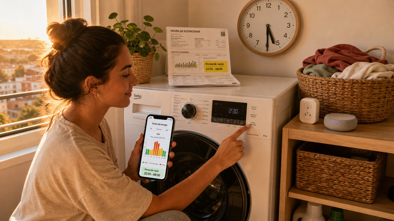 Mulher ajusta a lavadora de roupas usando smartphone para monitorar consumo de energia elétrica em casa.