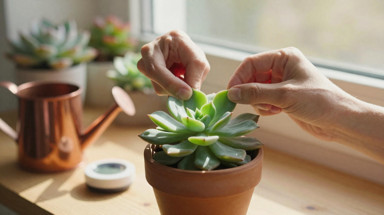 Mãos cuidando de planta suculenta em vaso de barro na borda da janela com regador ao fundo.