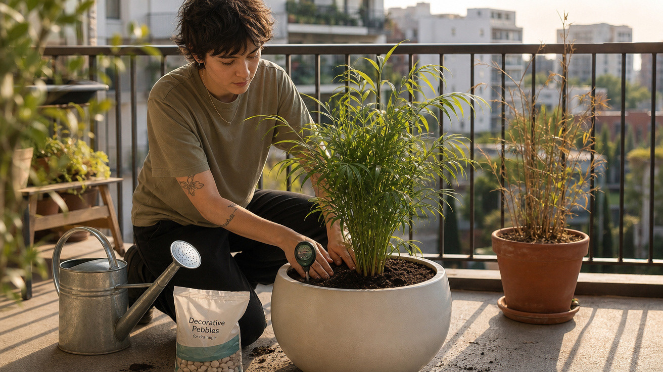 Pessoa regando planta em vaso branco na varanda com regador e saco de pedrinhas decorativas.