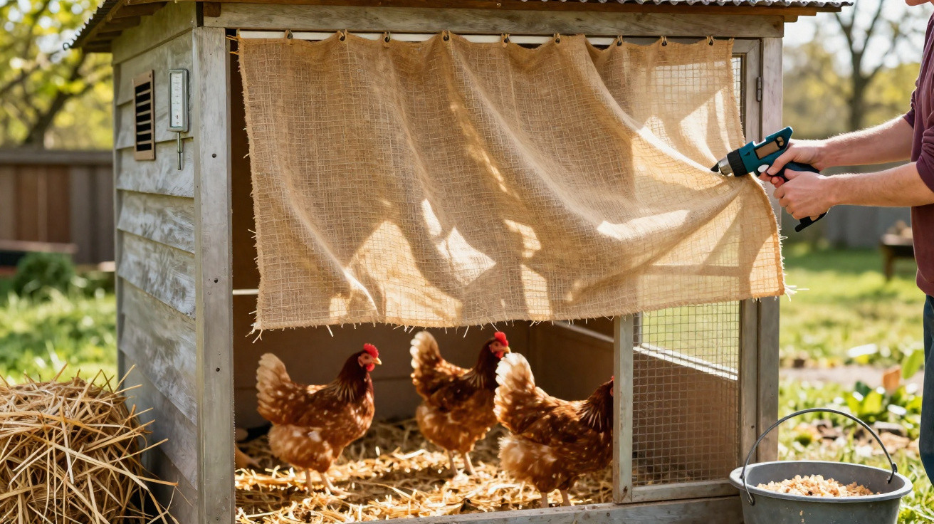 Pessoa abrindo cortina de tecido em um galinheiro com quatro galinhas marrons no interior.