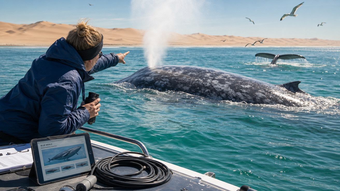 Pessoa em barco observa e aponta para uma baleia azul jorrando água no oceano próximo à praia.