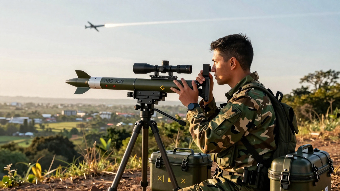 Soldado em uniforme camuflado mira foguete Antitanque em tripé com aeronave decolando ao fundo.