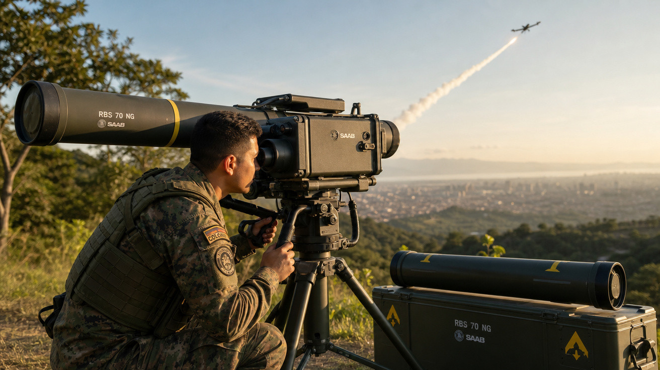 Militar operando sistema de controle de armamento antiaéreo enquanto avião voa ao fundo no entardecer.