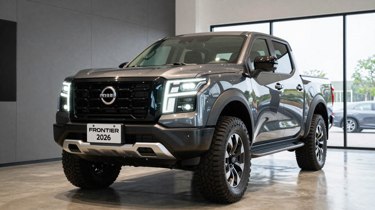 Picape Nissan Frontier 2026 cinza estacionada em showroom com faróis de LED acesos.