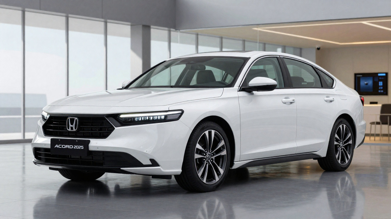 Carro branco Honda Accord 2025 sedan em ambiente interno moderno e iluminado.