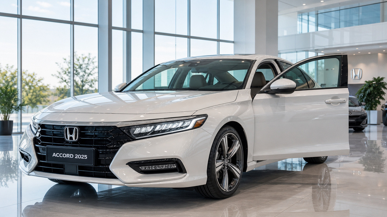 Honda Accord 2025 branco exposto em showroom com porta dianteira aberta e luz natural.