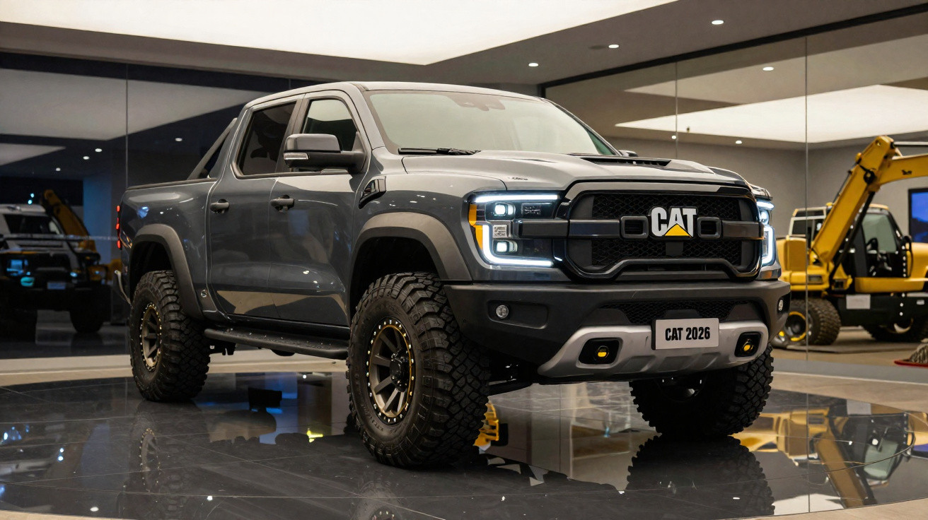 Picape preta CAT 2026 exibida em showroom com iluminação interna e equipamentos amarelos ao fundo.