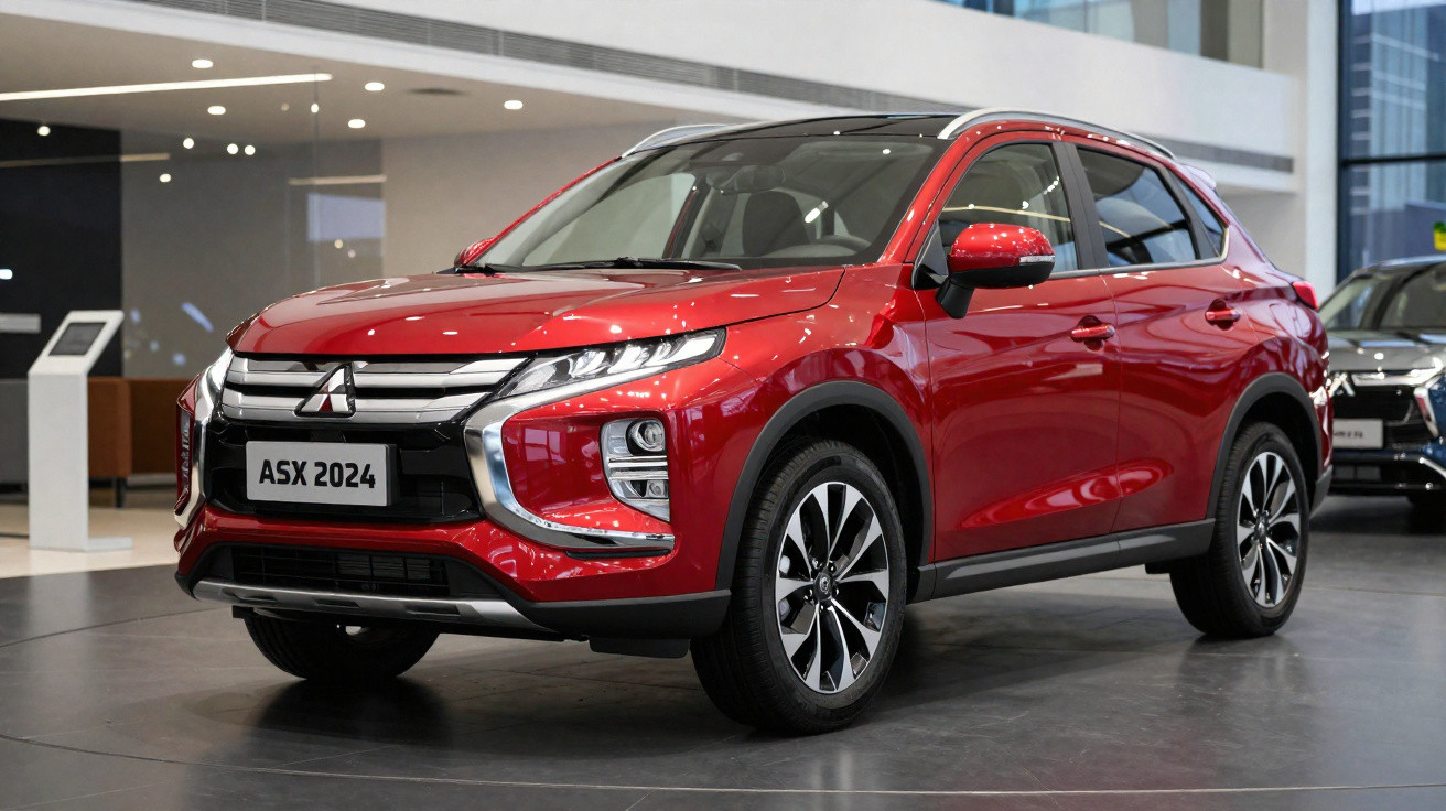 SUV vermelho Mitsubishi ASX 2024 exibido em showroom moderno.