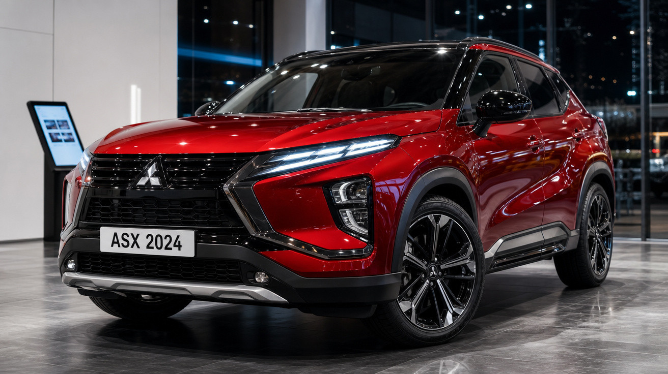 SUV Mitsubishi ASX 2024 vermelho exibido em showroom moderno e iluminado à noite.