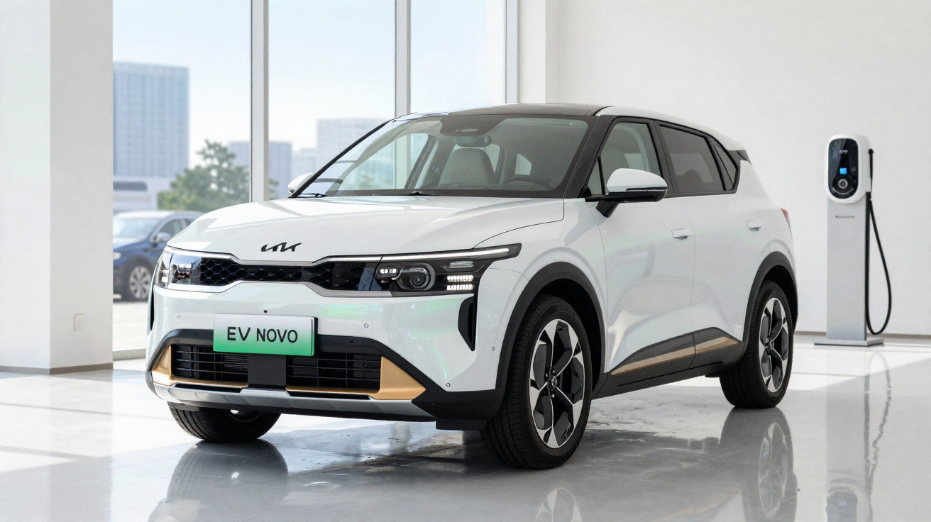 Carro elétrico branco Kia EV Novo estacionado dentro de showroom moderno com carregador elétrico ao fundo.