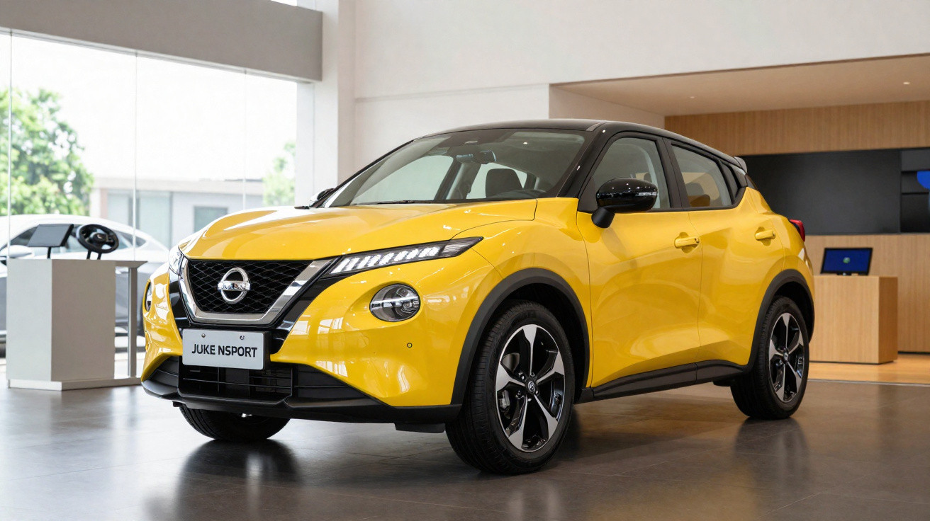 Carro SUV Nissan Juke N-Sport amarelo com teto preto exibido em showroom moderno.